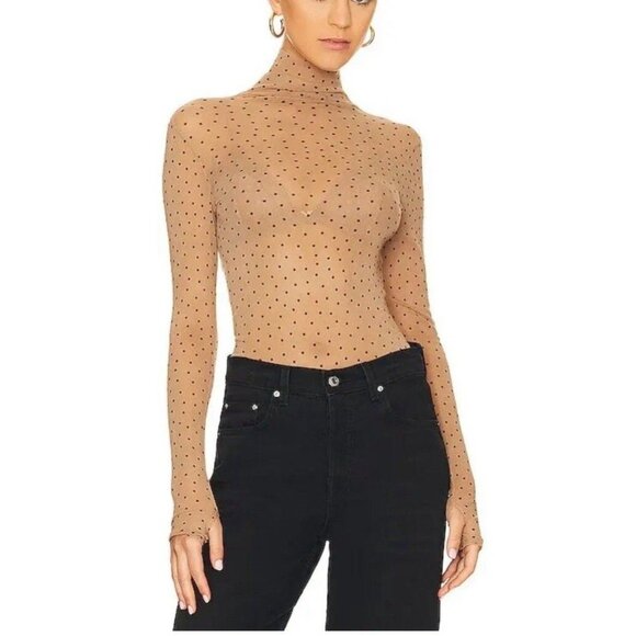 Enza Costa Tops - Enza Costa Sheer Top Long-Sleeve Turtleneck Tan + Black Polka Dot Womens Size M